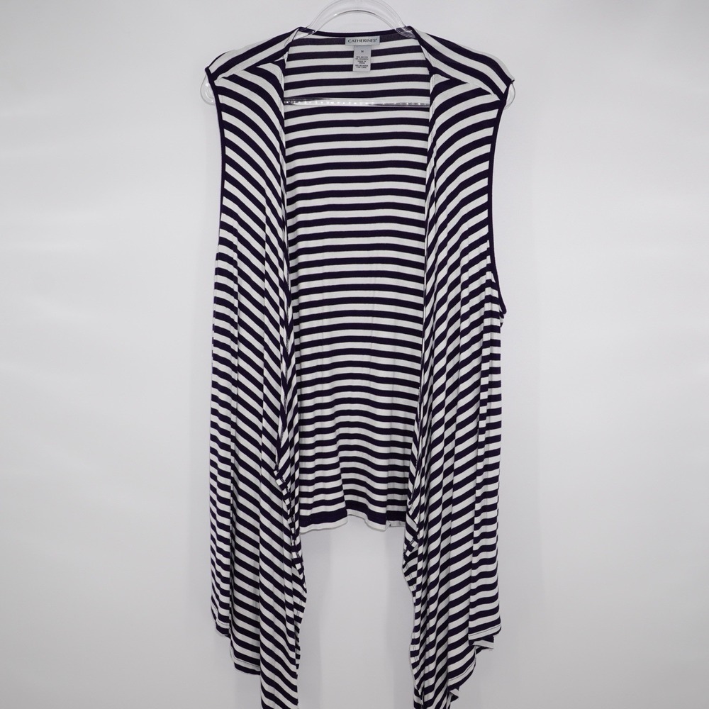 Catherines Womens Cardigan Open Front Sleeveless Vest‎ Navy White 1X Nautical